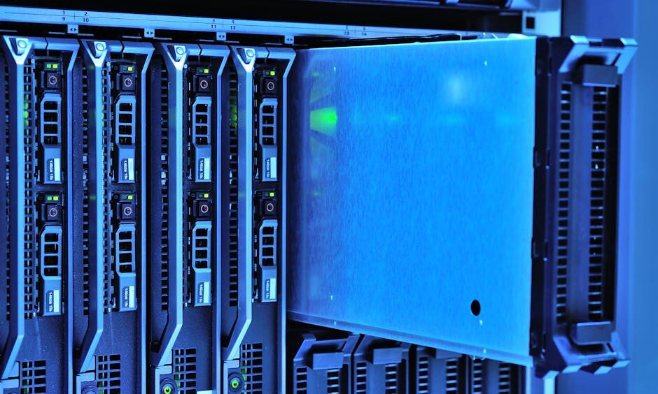 Detailed view of server racks with glowing lights in a data center environment.